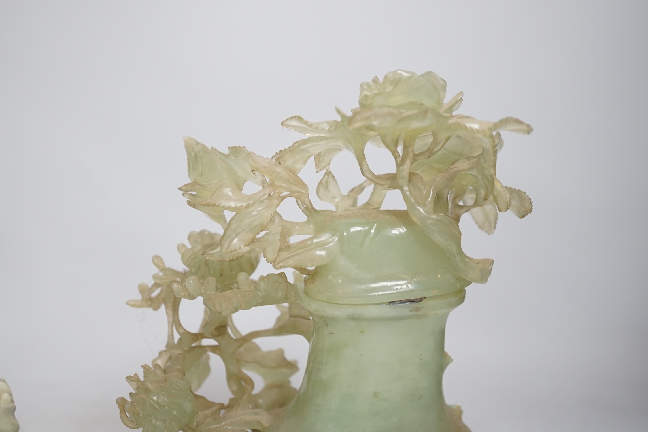 Five large Chinese hardstone and soapstone covered vases and censers and other carvings, largest 32cm. Condition - fair to good